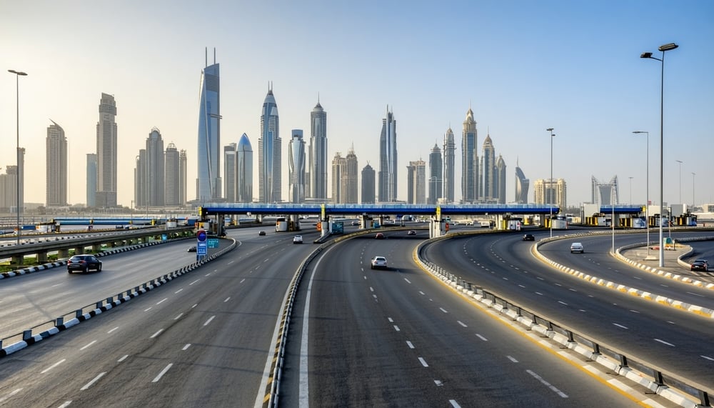 Dubai skyline with modern roads and toll gates